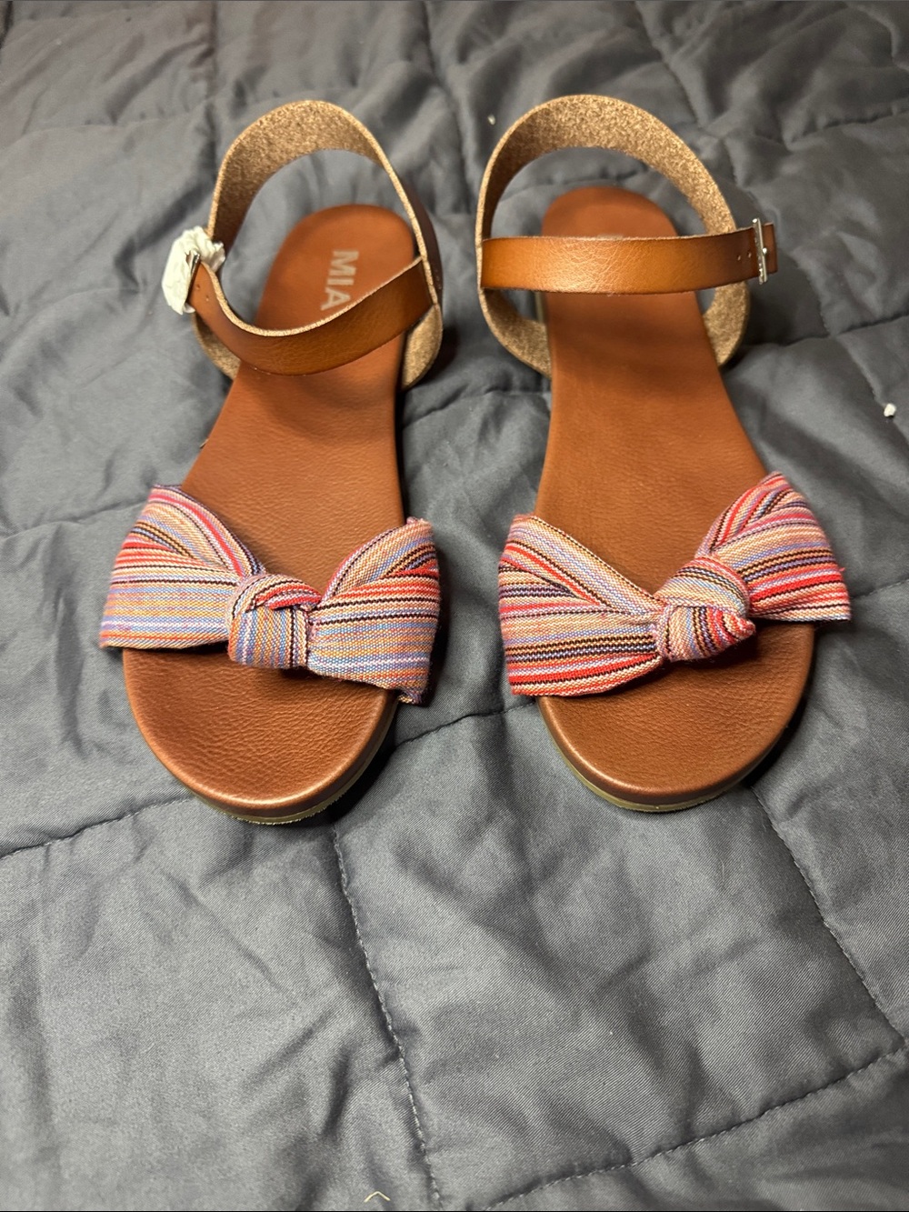 NWT MIA Tan Leather Sandals with Multicolor Striped Bow